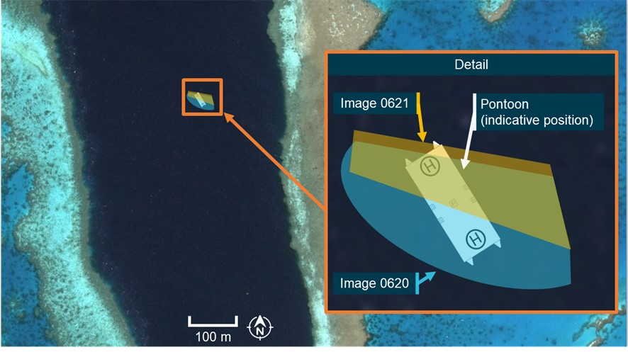 Figure A11: Representation of estimated helicopter and pontoon locations at the time of image 0620 (blue) and helicopter location at the time of image 0621 (orange)