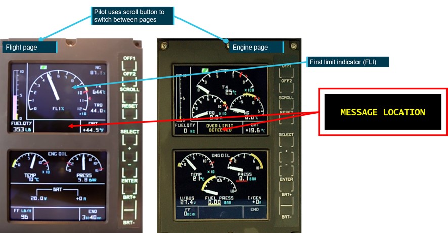 Figure 9: VEMD showing flight page, engine page and location of message display