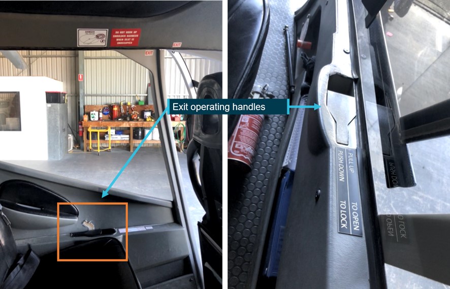 Figure 23: EC120B interior showing the operating handles of the rear left sliding door and front right door