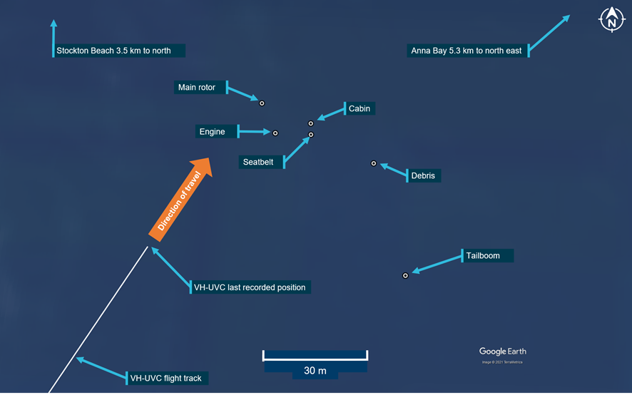 Figure 5: Map showing relative positions of helicopter wreckage on the ocean floor relative to UVC’s flight path