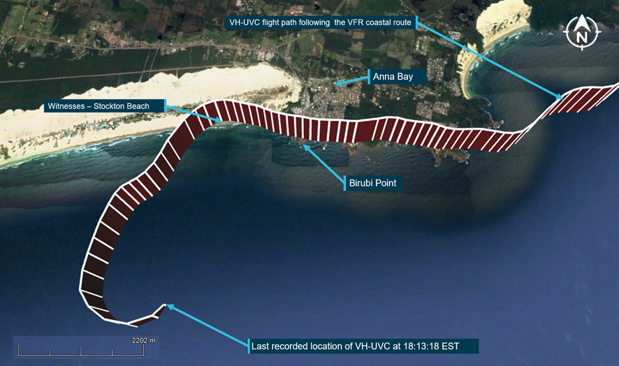 Figure 2: Flight path of VH-UVC following the VFR coastal route passing Anna Bay and the turn offshore