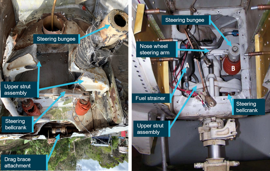 Nose landing gear area (image rotated 180˚) and exemplar C206 nose landing gear area