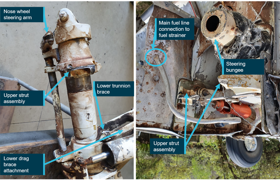 Nose landing gear leg and front of aircraft showing the main fuel line (image rotated 180˚)