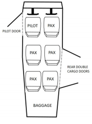 Cessna U206 showing location of pilot door and double clamshell cargo/cabin door