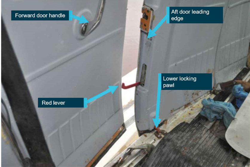 Cessna 206 forward cargo door open showing red lever activated on the leading edge of rear door