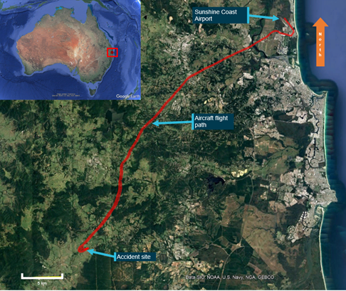 VH-CYO flight track radar data showing take-off point and accident site