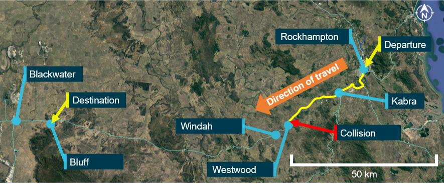 Rail route on the Blackwater system showing the path of the locomotive and the collision point