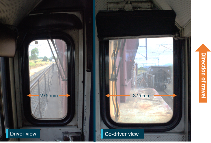 View from inside the cabin from driver and co-driver perspective with long end leading