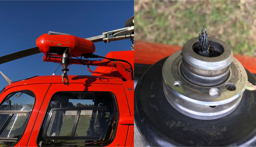 Figure 1: A NPWS ParkAir AS350 helicopter (left) displaying general fitment of the rescue hoist, and a close-up of the fractured cable (right)