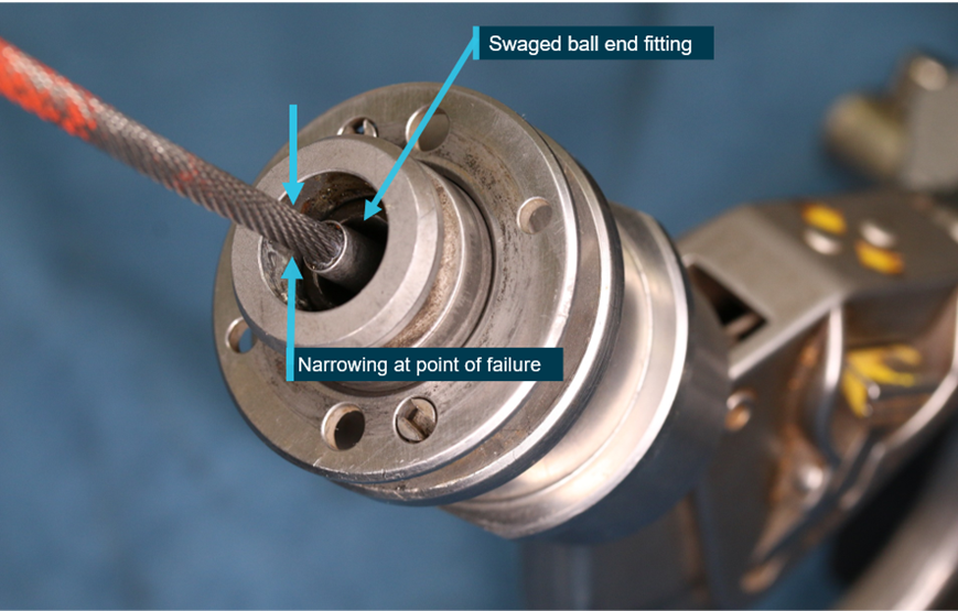 Figure 6: Another ParkAir rescue hoist removed from service after the occurrence displayed narrowing of the cable at the ball end fitting.