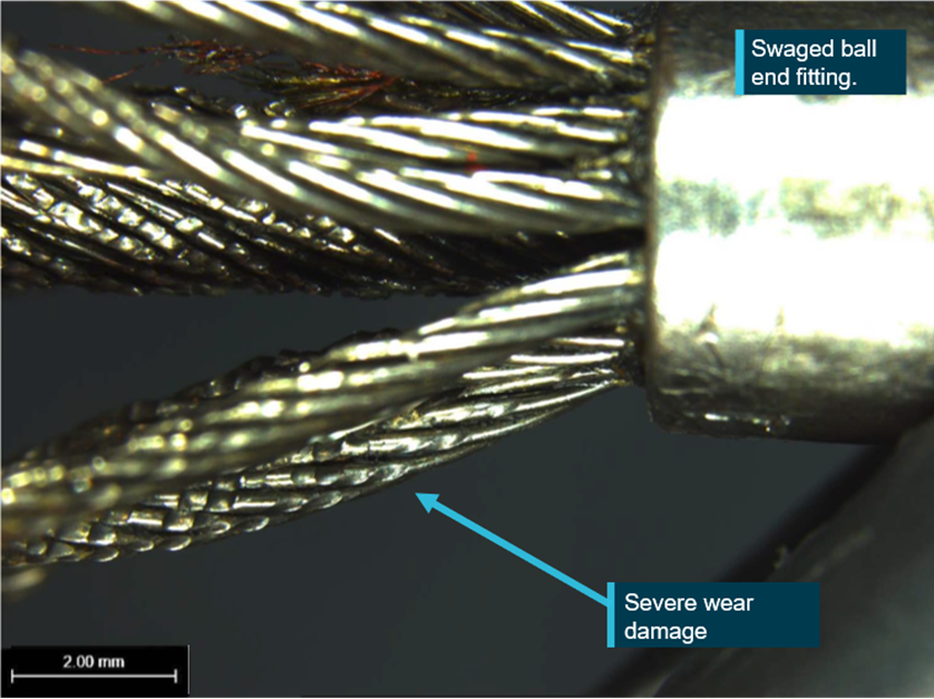 Figure 7: Severe wear to the wires was evident from the intact cable at the point of narrowing near the swaged fitting