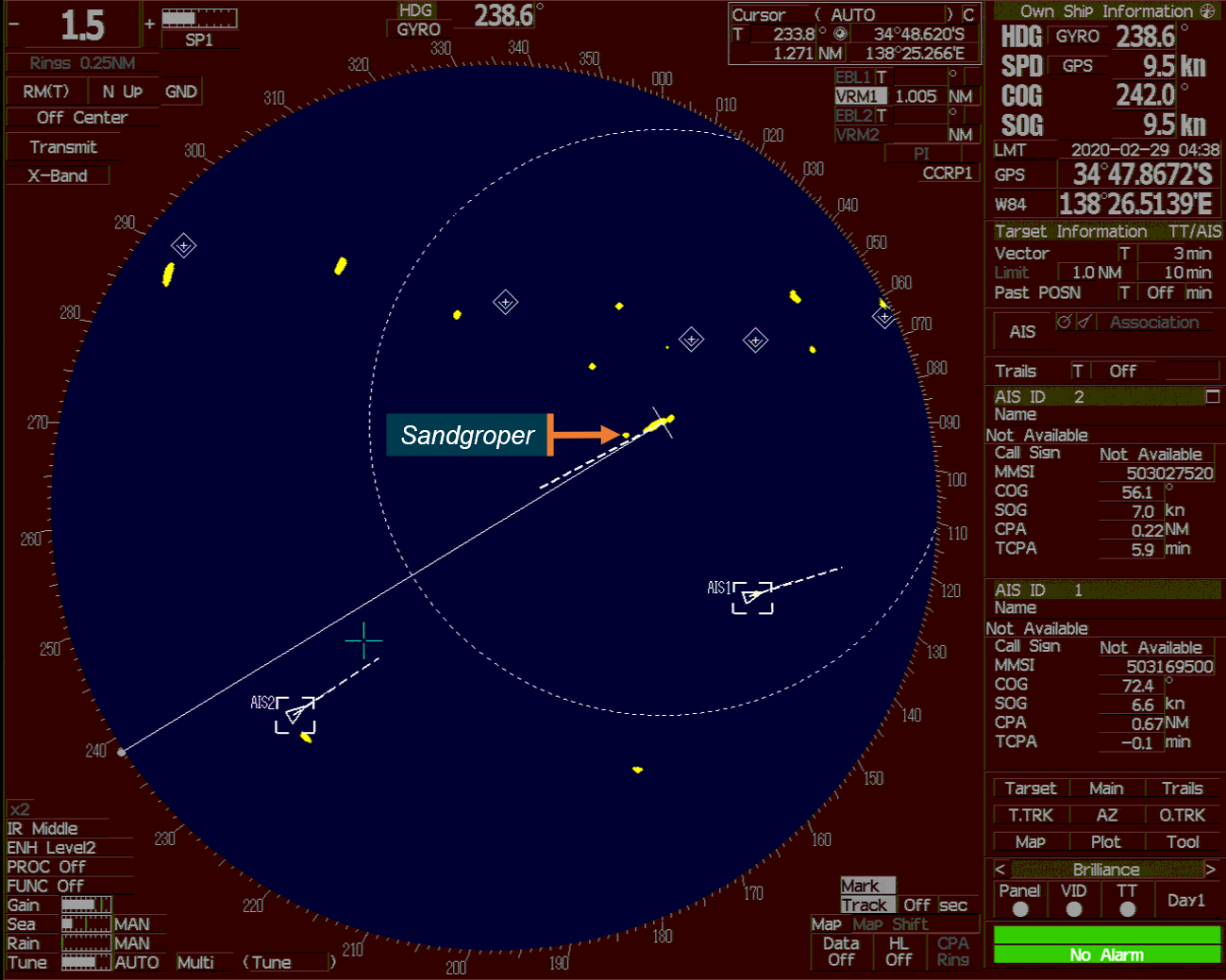 The radar image at 0434:02 shows that as soon as the range scale was increased from 0.75 miles to 3 miles and the ‘Off Center’ view was selected, Sandgroper’s radar echo immediately became visible on the radar display. Source: Accolade II’s VDR, annotated by the ATSB   Additionally, the repetitive nature of the ship’s voyage may have induced a sense of complacency in the ship’s officers. One behavioural definition of complacency is trending behavioural variation that eventually exceeds safety boundaries (Hyten and Ludwig, 2017). This variation can be influenced by habituation. The master and chief officer had both worked on Accolade II for several years, executing the same voyage almost daily, to the point where it became a highly practiced activity. Highly practised activities become automatic and require less attention than new or slightly practiced activities. Automatic processes occur without intention, taking place without effort. When a person is using automated processing (sometimes referred to as being on autopilot), they are sometimes ‘out of the loop’. It is recognised that to have good situational awareness, a monitoring operator needs to be ‘in the loop’, in order to notice anomalies. Figure 9: Accolade II's radar display immediately before collision at 0438:02