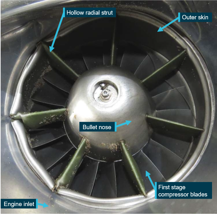 Aircraft engine, propeller, and engine inlet shown are similar to N210BA. Source: Mattia De Bon, annotated by ATSB Figure 5: Front view of N210BA engine inlet and compressor inlet (post-accident)