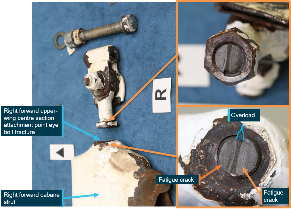 Figure 8: Right-side cabane strut forward upper-wing attachment eye bolt showing evidence of significant fatigue cracking through the threaded portion (Detail A from Figure 7)