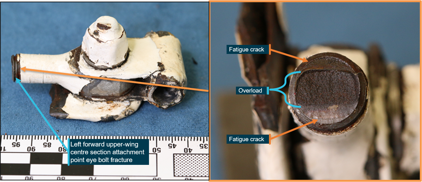 Figure 9: Left-side cabane strut forward upper-wing attachment eye bolt showing evidence of fatigue cracking through the threaded portion