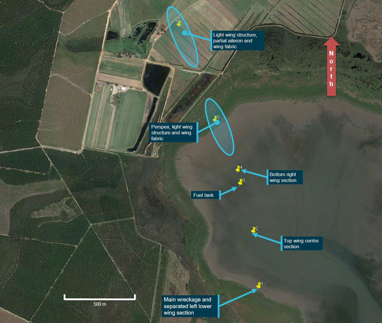 Figure 5: Wreckage trail spread over mud flats and farmland
