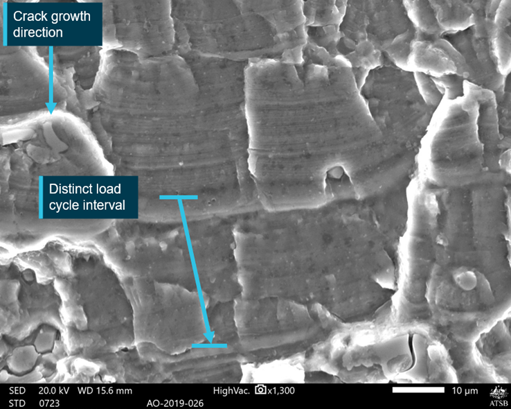 Figure A4: Scanning electron microscopy: closer view of the crack arrest marks near the overstress boundary