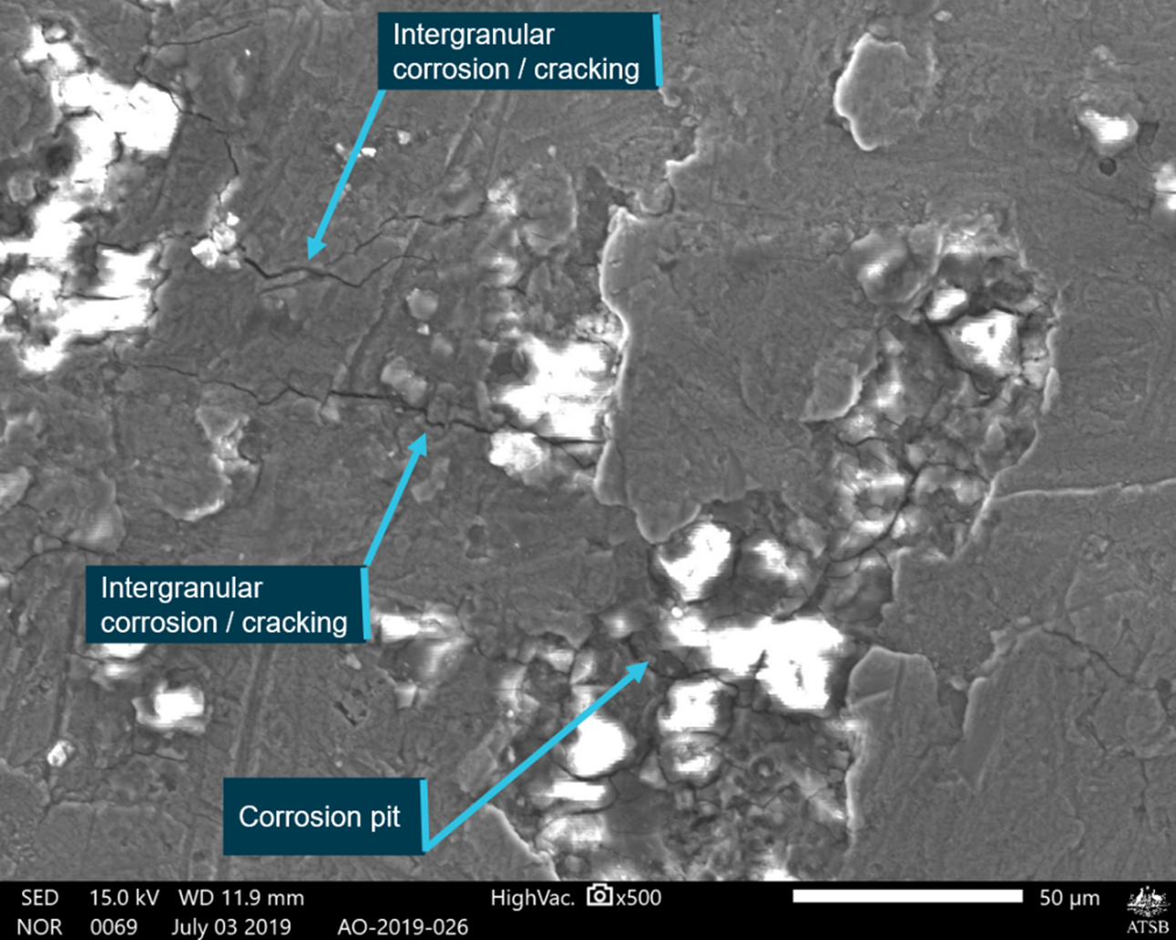 The corrosion pitting led to intergranular corrosion and the subsequent development of transgranular fatigue cracking. Source: ATSB Figure A7: Scanning electron microscopy of the underside surface
