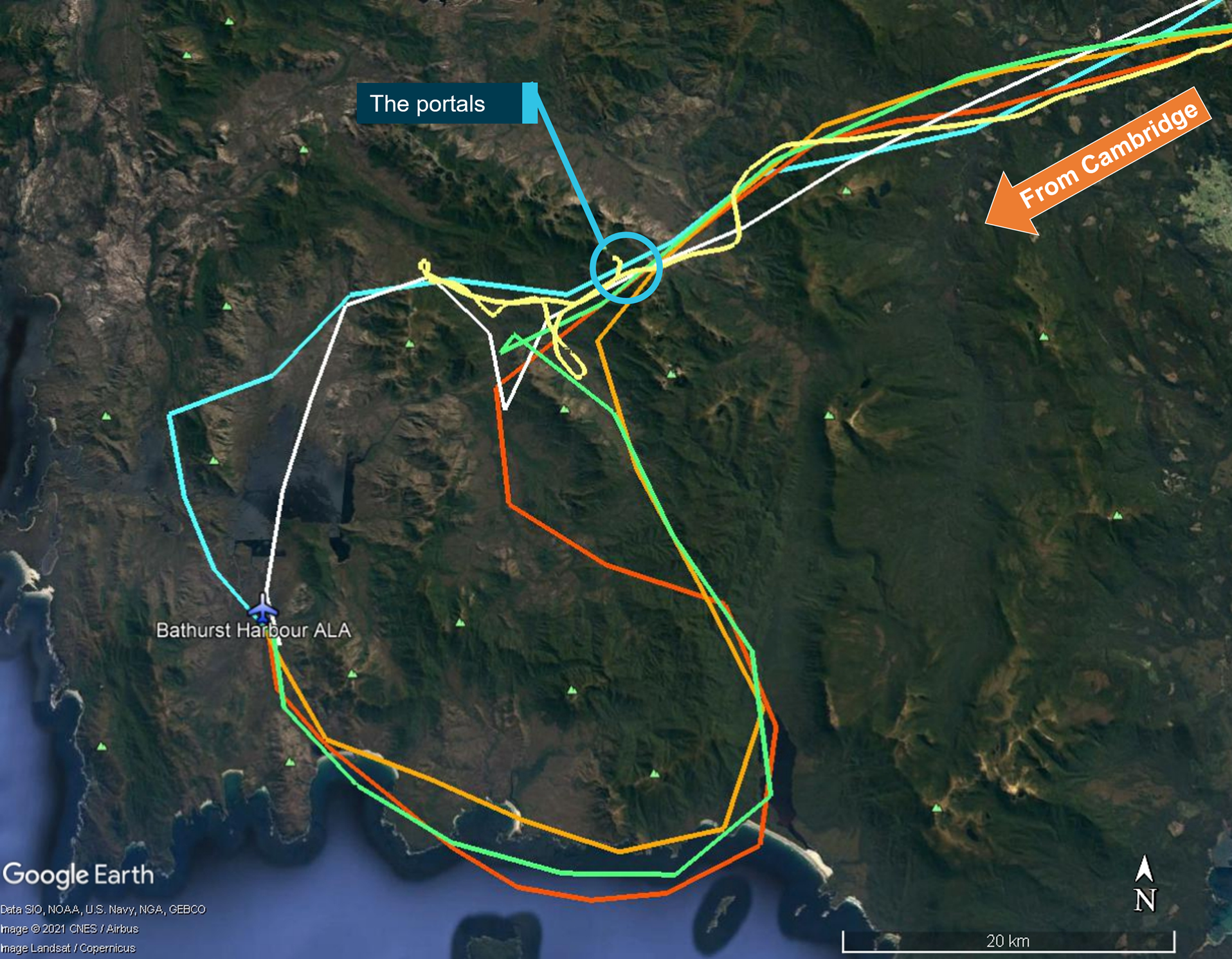 Figure 12: Comparison of aircraft tracks through the valley, including about 1 month prior to the accident (green – lead aircraft; orange – second aircraft) and the accident track (pale yellow)