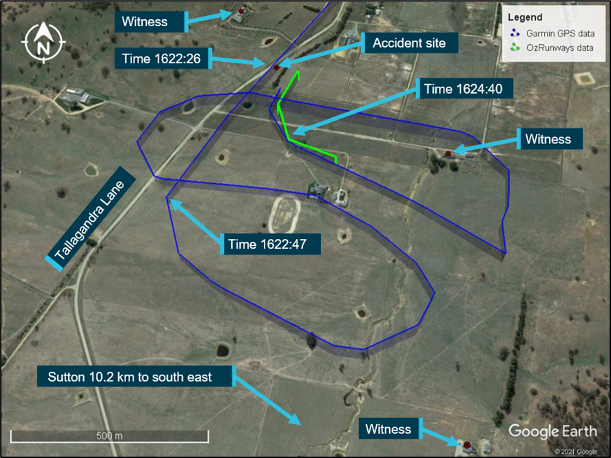 Figure 1: Recorded flight path data shown relative to the accident site