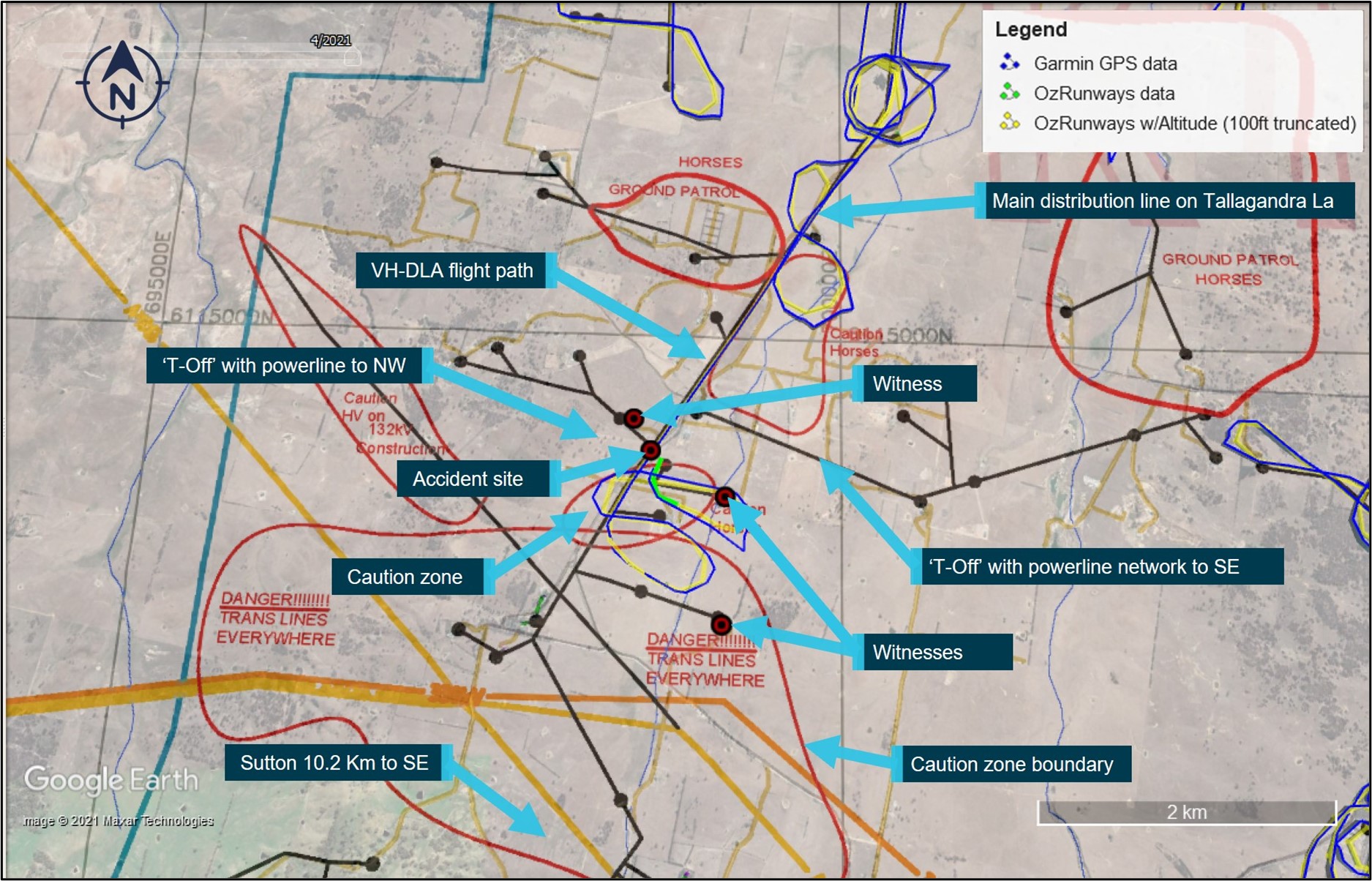 Figure 2: Aircraft flight path and electrical powerline network in the vicinity of the accident site