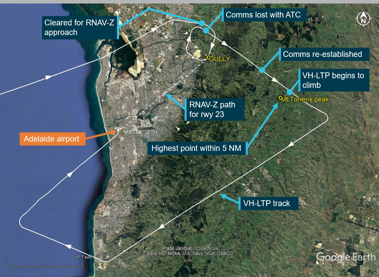 Figure 1: VH-LTP flight path (dotted line shows RNAV instrument approach path)