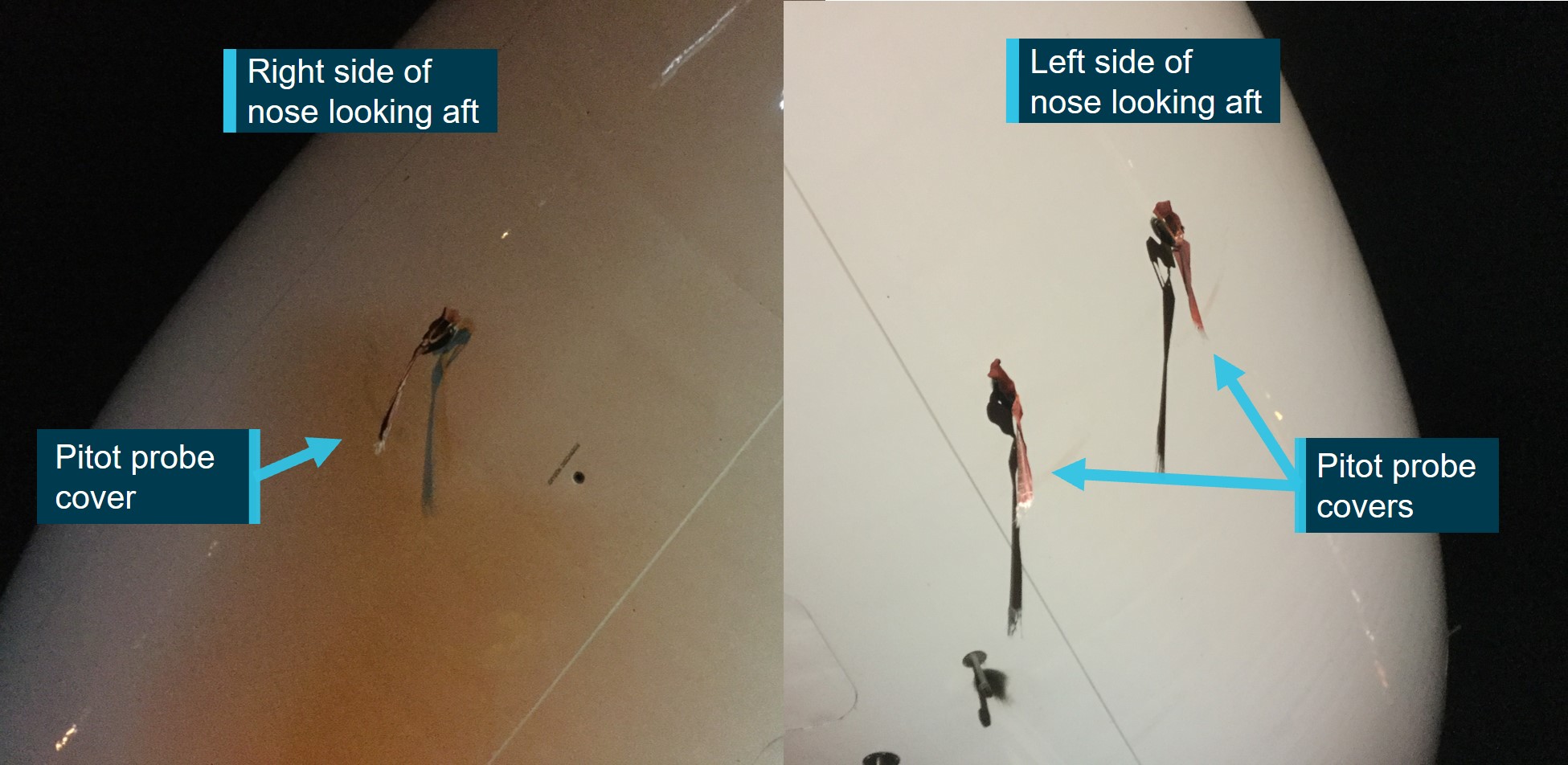 Figure 12: The right and left sides of the aircraft’s nose shortly after landing, showing pitot probe covers installed