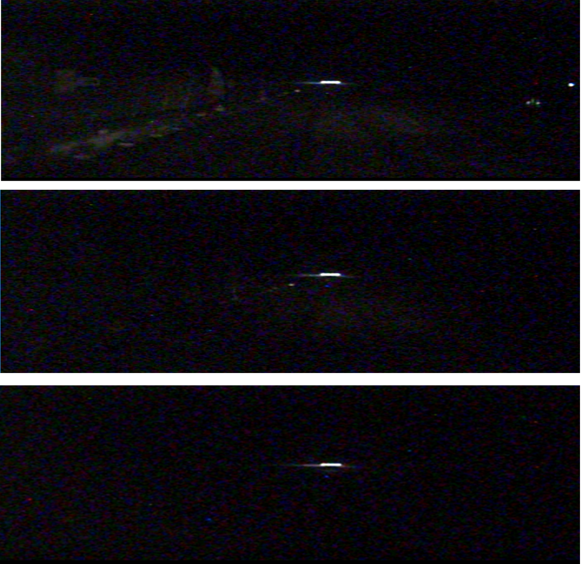 Figure 4: Video onboard MB526 three seconds apart, showing outside visibility with headlights on Bright mode (upper), Dim mode (middle) and off (lower)