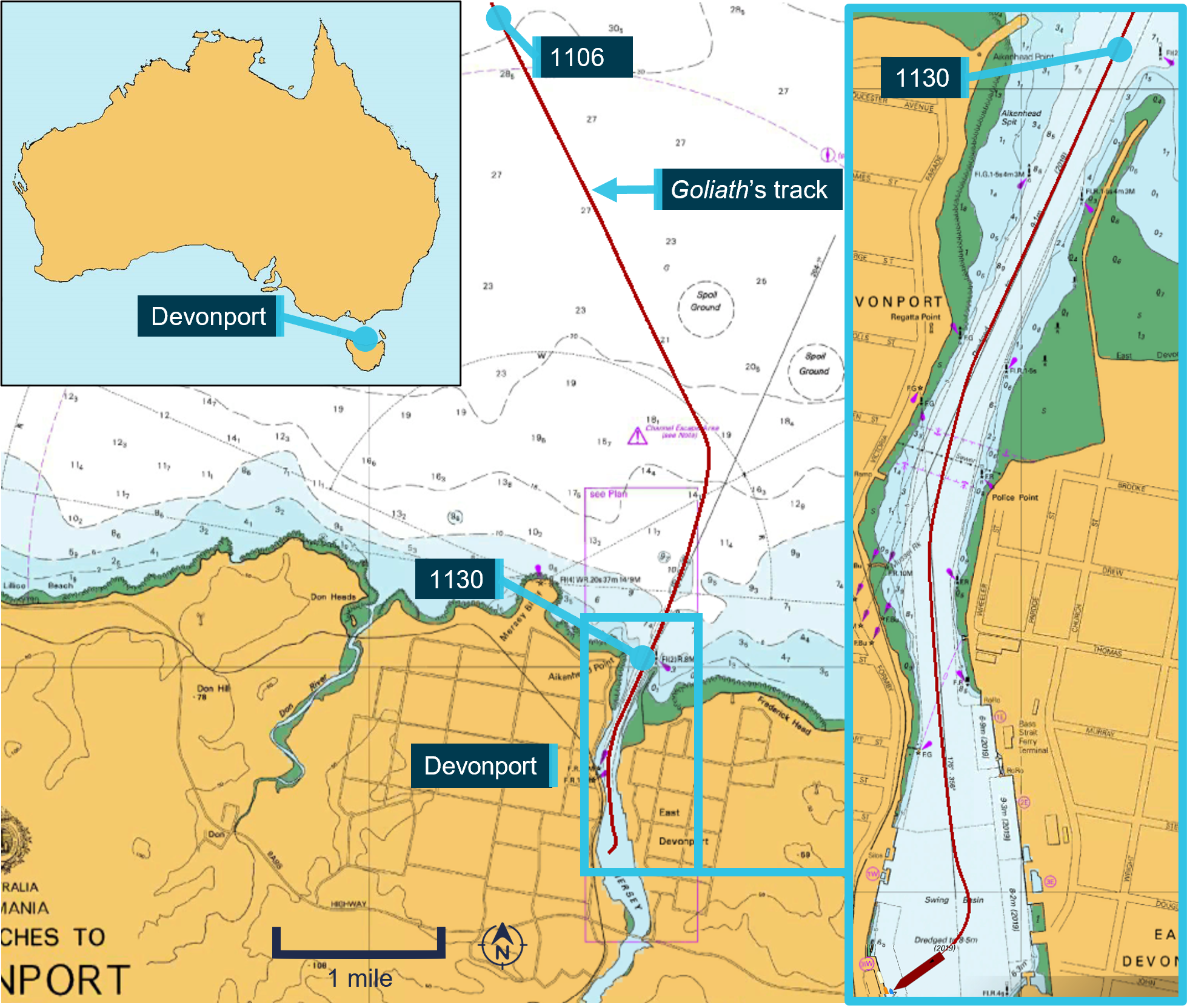 Figure 2: Section of chart Aus 164 showing Goliath’s track