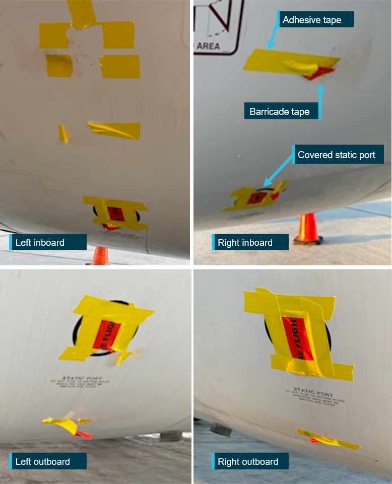 Figure 5: VH-ZNJ on arrival at Los Angeles, showing remains of fan cowl static port covers.