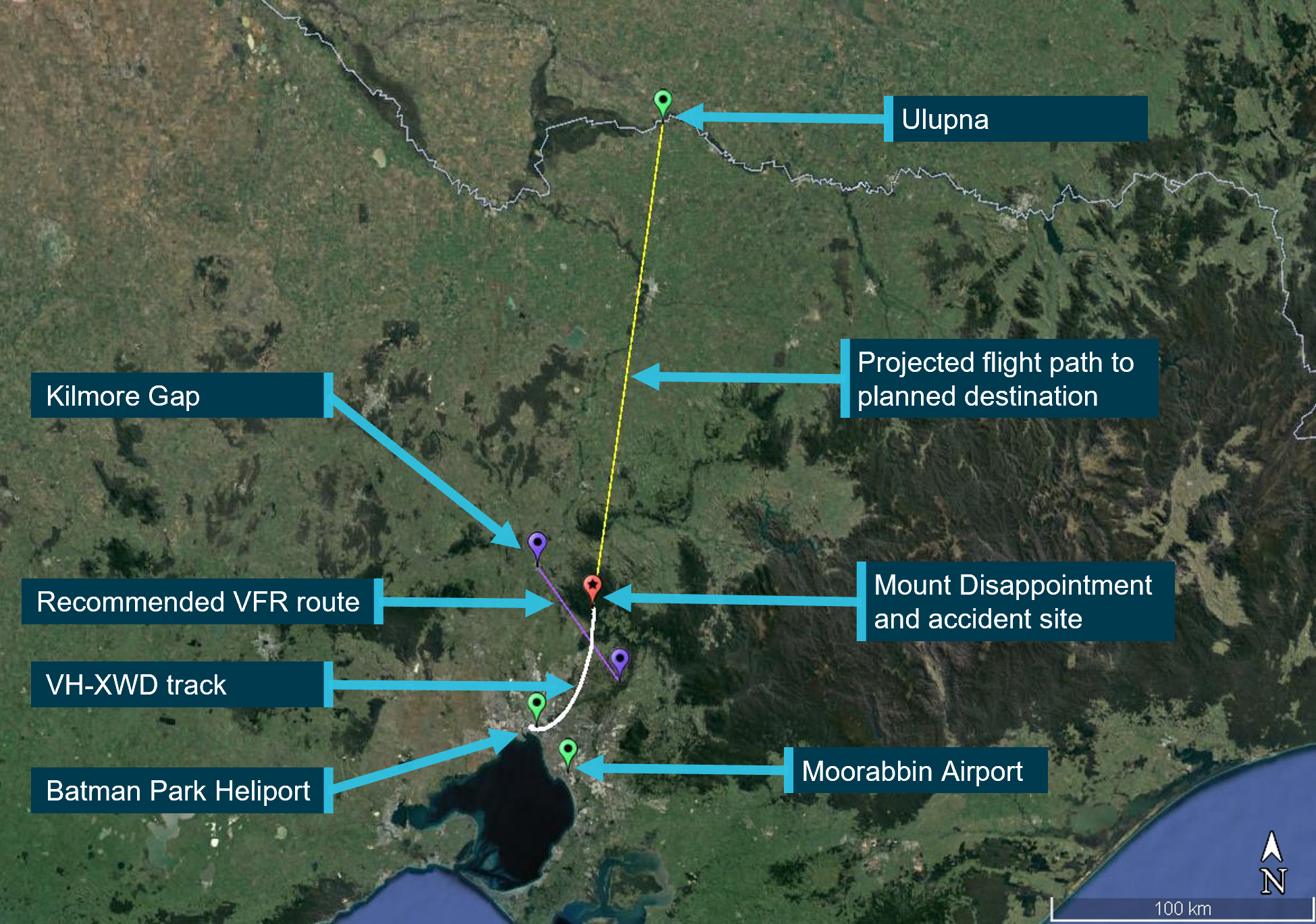 Figure 2: VH-XWD flight track and key locations
