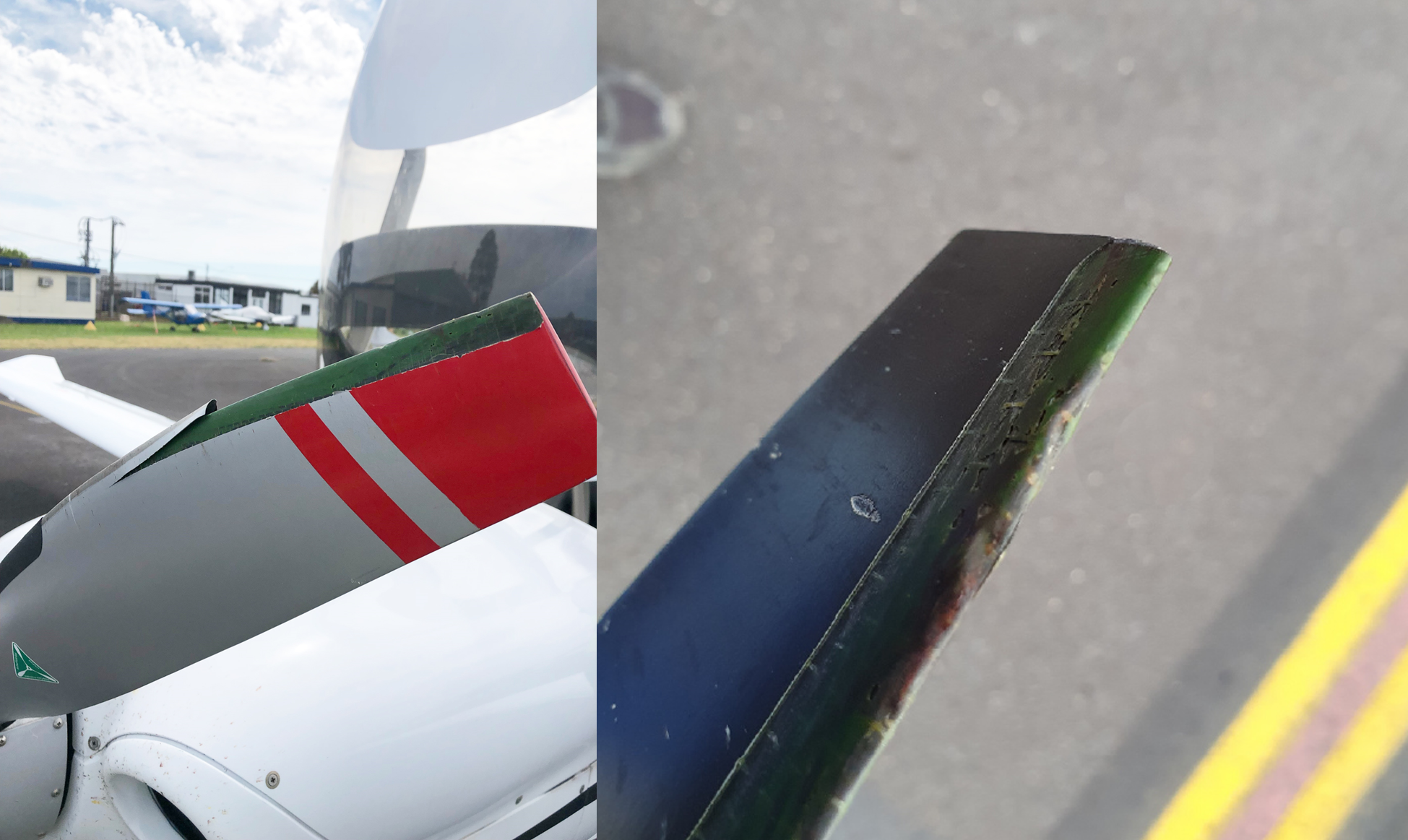 Figure 1: The damaged propellor blade showing a fractured erosion strip along the leading edge (left) and impact damage to the leading edge (right)