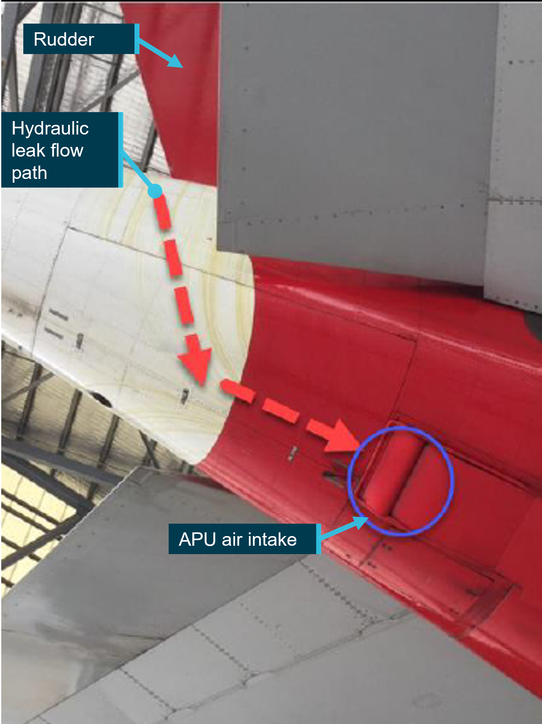 Figure 4: Tail of VH-EBC showing hydraulic fluid leak towards APU air intake