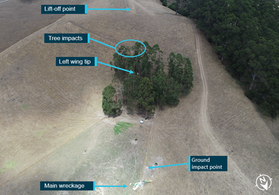 Figure 2: Landing area overview showing approximate lift-off point, impact with trees and ground impact point