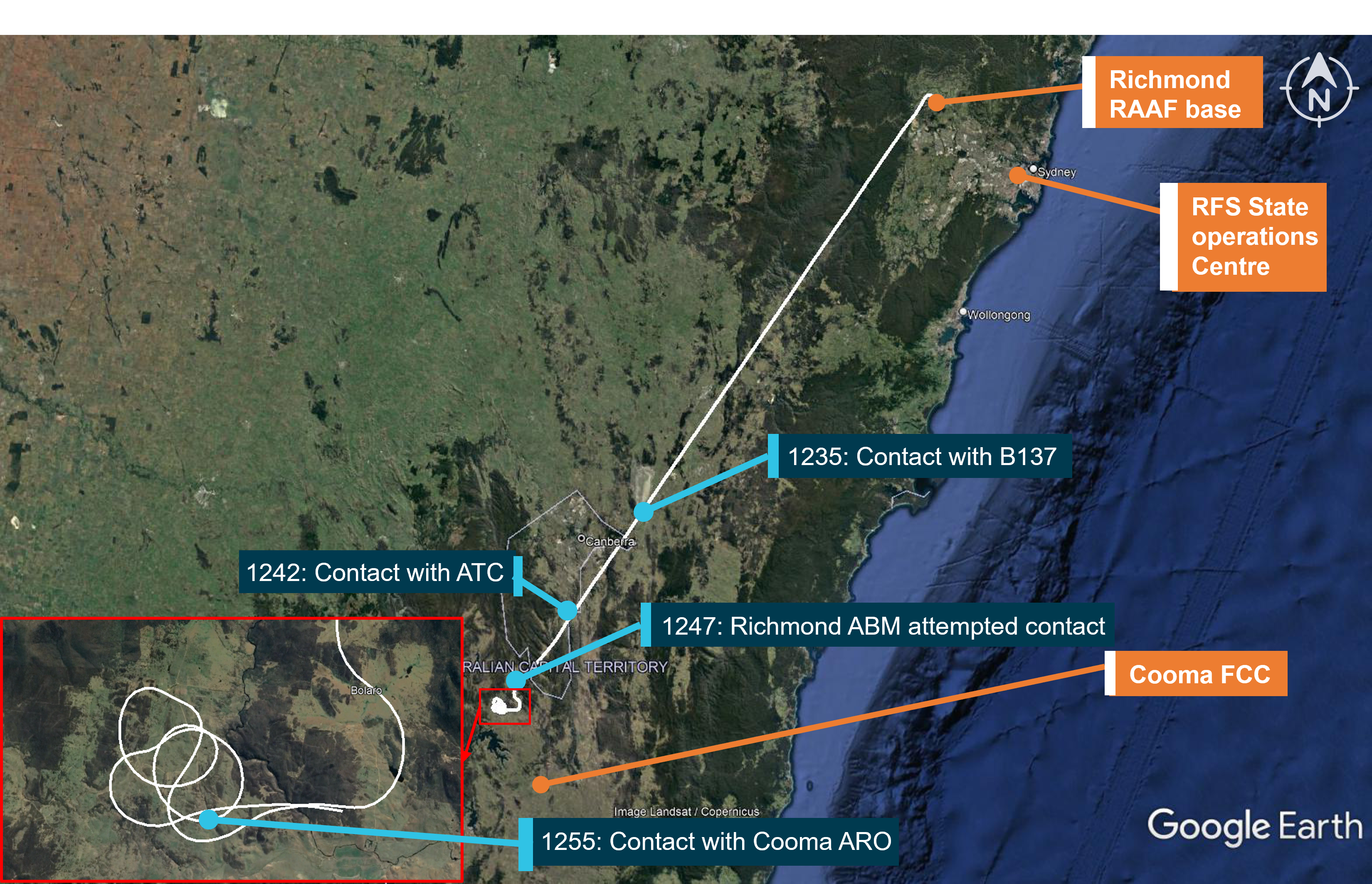 Figure 2: Flight track of B134 (white line), timing and location of external communications, and key locations, with an inset detailing the circuits at Adaminaby