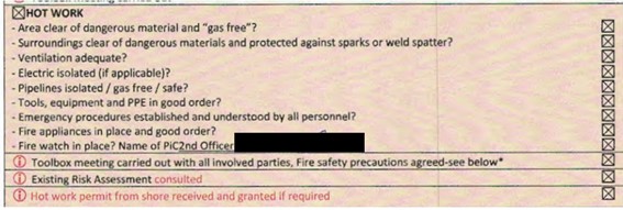 Figure 7: Hot work checklist section from the permit to work form