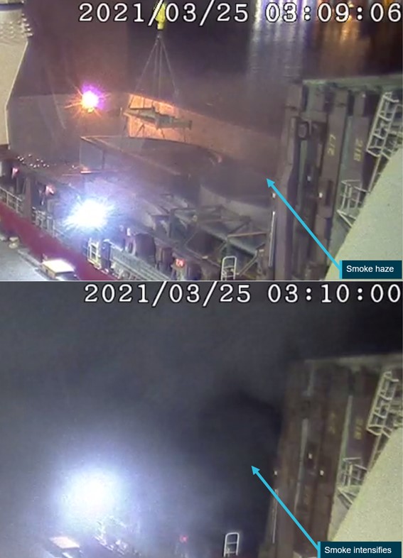 Figure 4: Intensifying smoke from the lower hold (CCTV frames at 0309 and 0310)