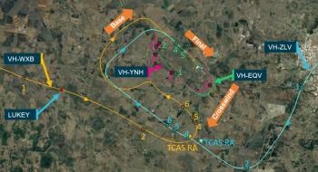 Aircraft flight paths and positions during different CTAF broadcasts – WXB in yellow, ZLV in blue, EQV in green and YNH in pink, with numbering showing where each aircraft was at the time of the broadcasts