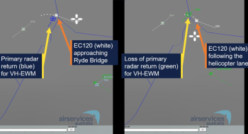 Primary radar return on the left and loss of primary return on the right for VH-EWM.