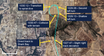 Google Earth view of the last 3 minutes of the flight, including the left turn and transition to left spiral dive.