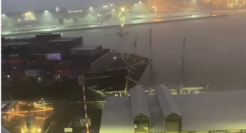 Container ship Maersk Shekou collides with the berthed tall ship STS Leeuwin II at the Port of Fremantle in August 2024.