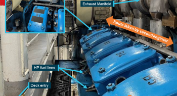 View of the B-cylinder bank of main engine 1, looking from the B5 cylinder aft towards the turbochargers. Insert shows the anti-slip material fitted on the B1 rocker-cover.