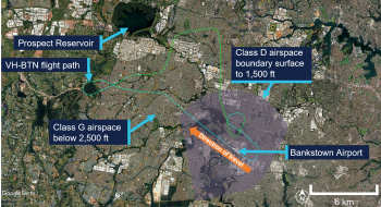 The image shows the aircraft's flight path and highlights areas of interest which are used in the report. These areas include, the change in airspace type, Bankstown Airport, and Prospect reservoir.