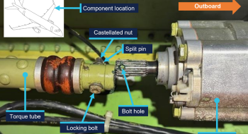 A picture taken after the occurrence flight showing the left wing outboard actuator for slat number 4 and the disconnected torque tube.