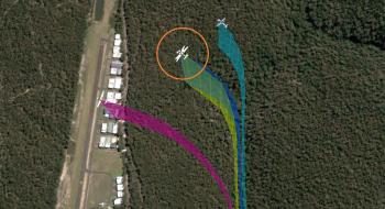 Flight track of the formation showing the collision point between #3 (blue) and #2 (yellow).
