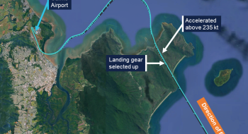 The recorded data of the departure flight path is overlaid a satellite image. The location of the landing gear overspeed is annotated.