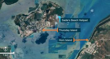 Image of Thursday and Horn Island showing Sadie's Beach Helipad from which the helicopter had just taken off.