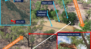 An aerial view of the accident showing direction of travel and contact with tree.