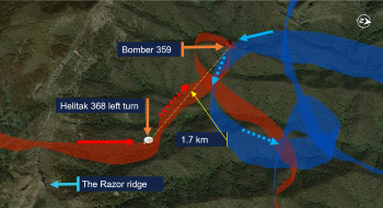 Helitak 368’s flight path (in red) and Bomber 359’s flight path (in blue). 