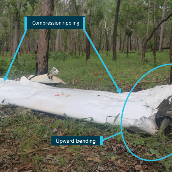 Figure 5: Separated right wing assembly showing damage associated with significant upward bending forces